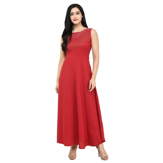 Oceanista Women's Crepe Embellished Partywear Red Maxi Dress