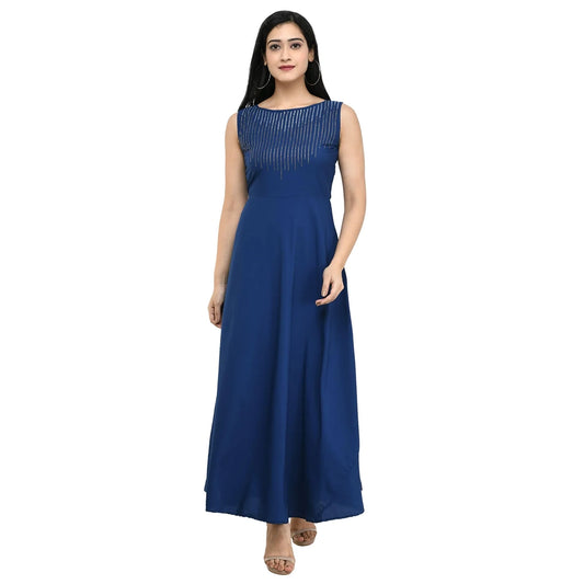 Oceanista Women's Crepe Embellished Partywear Navy Blue Maxi Dress