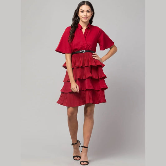 Oceanista Women's Crepe Solid Shirt Collar Flared Red Short Dress