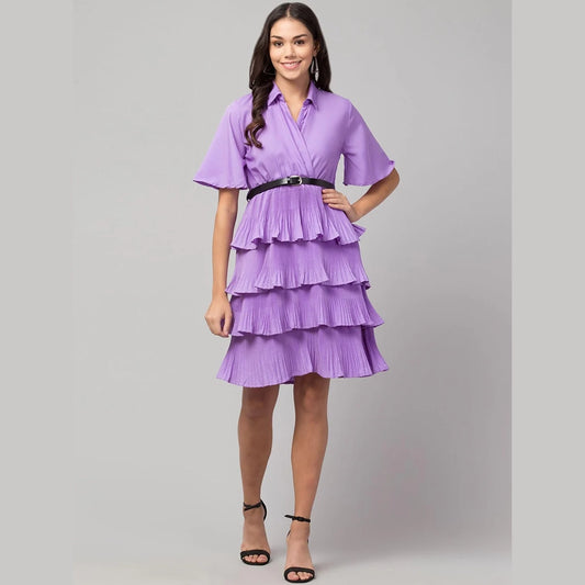 Oceanista Women's Crepe Solid Shirt Collar Flared Lavendar Short Dress