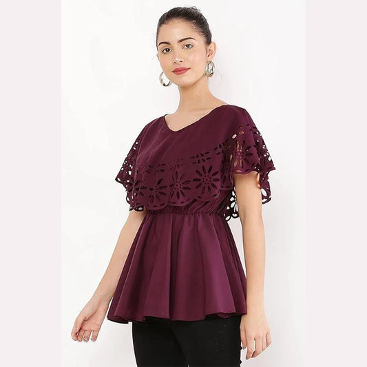 Oceanista Women's Crepe Solid V-Neck Maroon Top